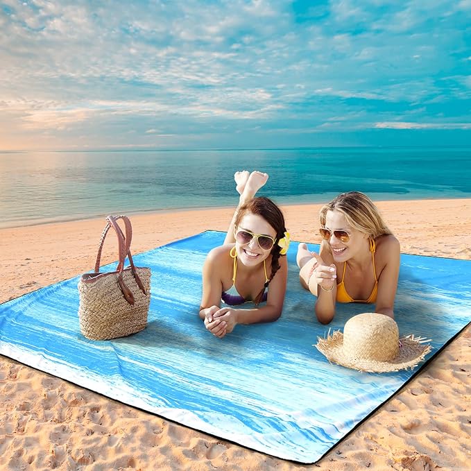 WIWIGO Beach Blanket Waterproof Sandproof Beach Mat 79" X 83"/10'x9'for 2-8 Adults Quick Drying Outdoor Picnic Mat Beach Accessories for Travel, Camping, Hiking