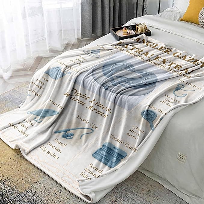 Fishing Throw Blanket 60x50 Flannel Fleece, Vintage Fishing Newspaper Style, Blue Ivory — Fish Throw Blanket for Dad Men Boys — Lake House & Cabin Decor Gift