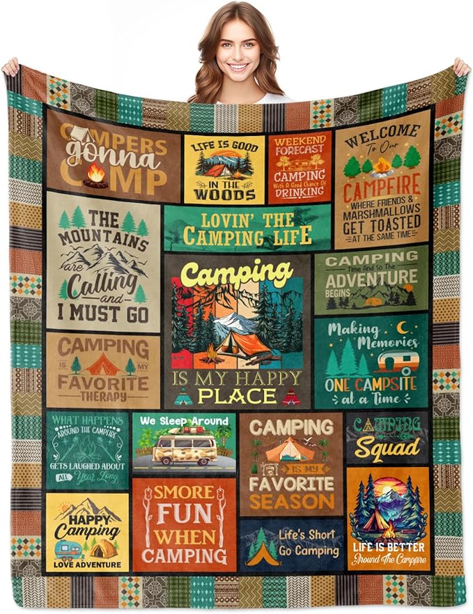 Camping Gifts for Women, Camping Blanket 60"x50", Camping Gifts for Men, Camper Gift for Couples Woman Lovers Girls Boys, Camper Gift Ideas for Birthday Christmas