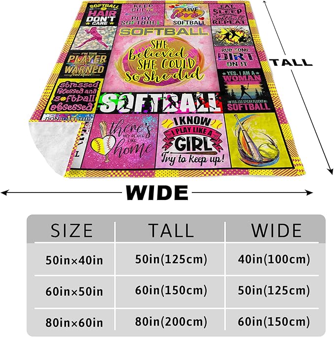 Unique Softball Accessories for Girls Women, Best Softball Gear Gift Party Decorations for Team, Soft Warm Blanket 80" x 60"