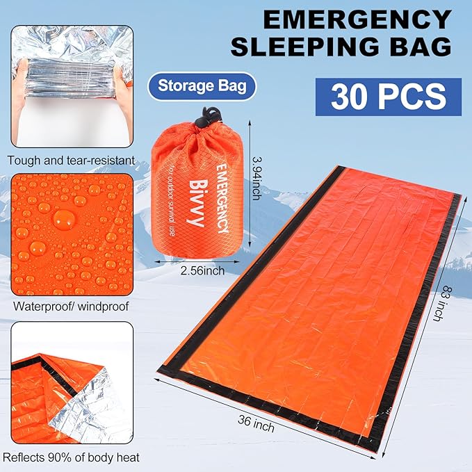 Chicingyou 8 Pcs Portable Emergency Thermal Blanket Camping Sleeping Bag Solar Rechargeable Flashlight Emergency Safety Whistle Gloves Scarf Socks Beanie Set for Camping Hiking Travel Hunting(Orange)