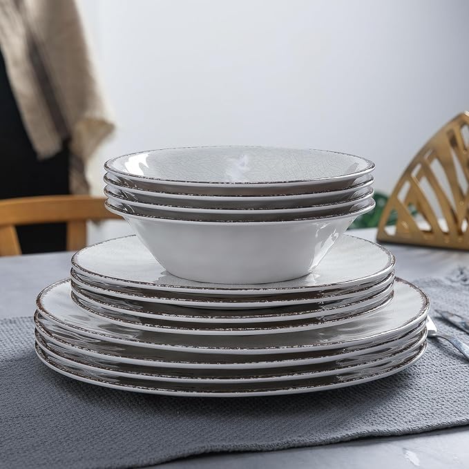 LEHAHA Farmhouse White Melamine Plates and Bowls Set, White dishes Rustic Farmhouse Dinnerware Set, Lightweight Melamine Dishes Set for 4, Perfect for RV, Camper, Dishwasher Safe