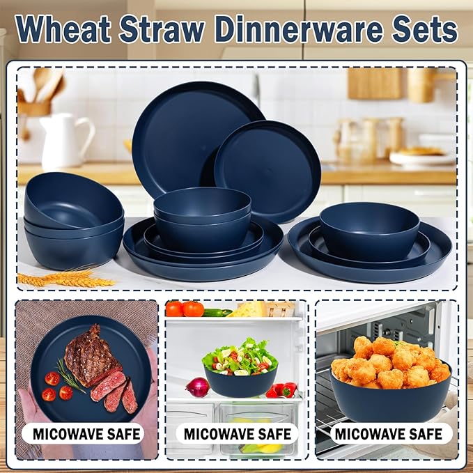 EI 12pcs Dark Blue Wheat Straw Dinnerware Set,Wheat Straw Plates,Plastic Plates Reusable,Plate and Bowls Sets,Unbreakable Plastic Plate for Dinner, Camping,Picnic