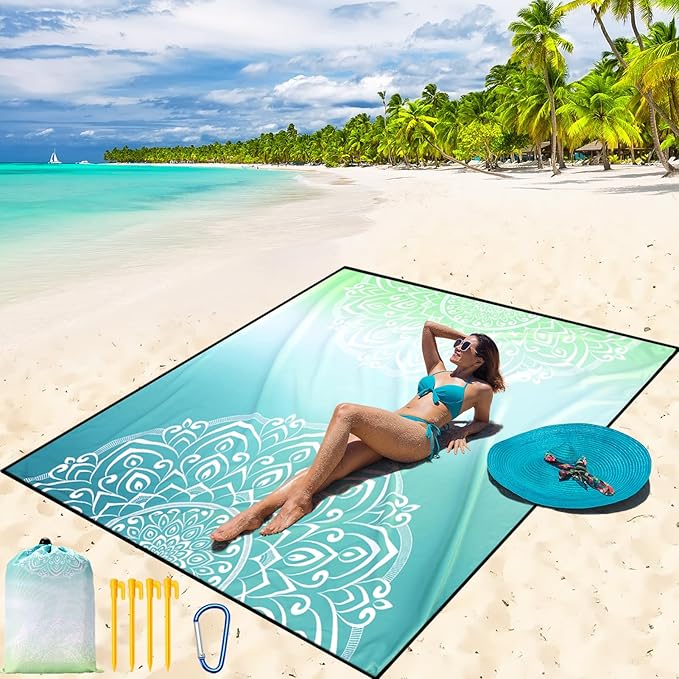 WIWIGO Beach Blanket Waterproof Sandproof Beach Mat 79" X 83"/10'x9'for 2-8 Adults Quick Drying Outdoor Picnic Mat Beach Accessories for Travel, Camping, Hiking