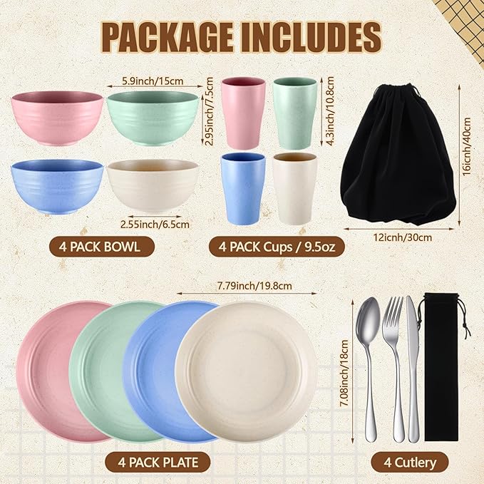 Teenyyou 4 Sets Camping Mess Kits for 4 Person Camping Silverware Set Include Cup, Bowl, Plate, Knife, Spoon, Fork Cutlery Set Unbreakable Wheat Straw Dinnerware Utensils for Travel