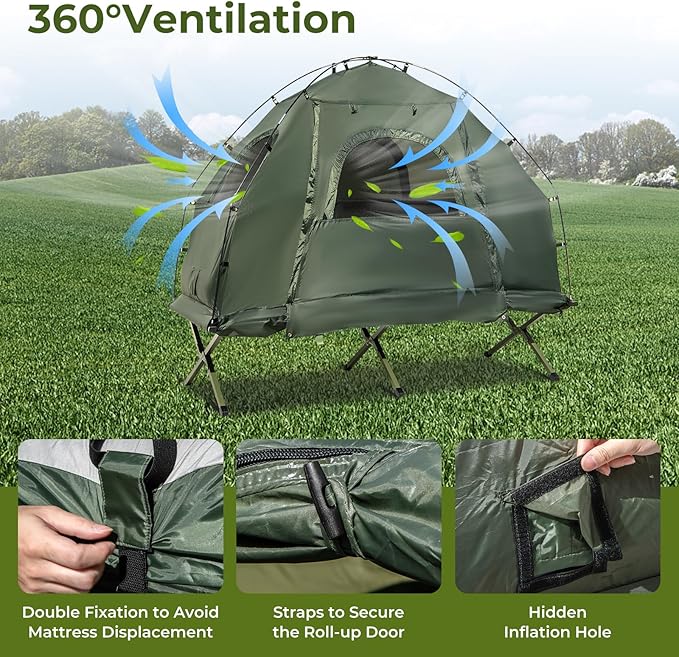 GYMAX Tent Cot, 5-in-1 Folding Camping Cot with Mattress & Pillows, Sleeping Bags, Sunshade, Camping Tent Elevated with Carrying Bag for Outdoor Hiking, Fishing, Picnic