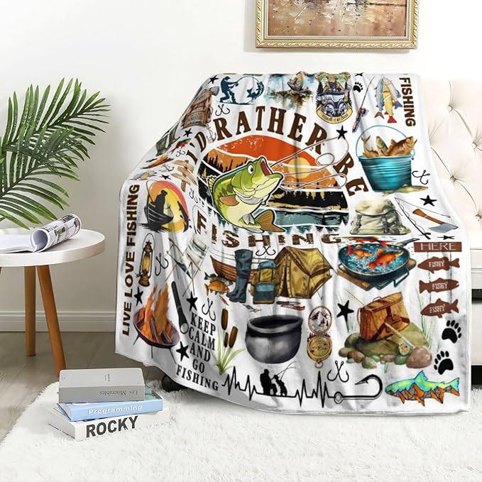 Fishing Blanket Fishing Gifts for Men Stuff Plush Fish Blankets and Throws Fishing Gifts for Fisherman Fishing Lovers Men Women Boys Teens Birthday Party Decorations Camping Hiking 60"X50"