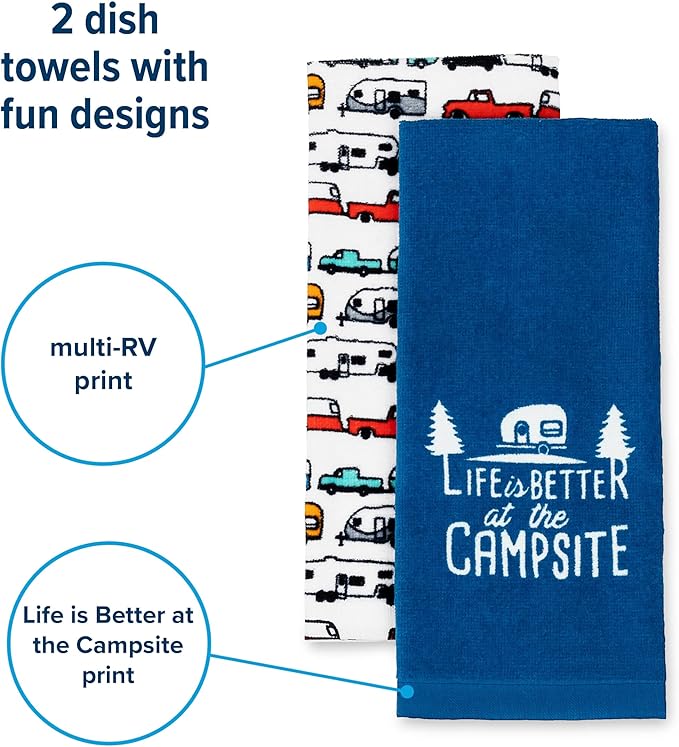 Camco Life is Better at The Campsite Camper/RV Dish Towel Set - Features a Camping/RV Themed Towel & a Navy Blue with White Logo Towel - Designed with 100% Cotton - 2-Pack (53301)