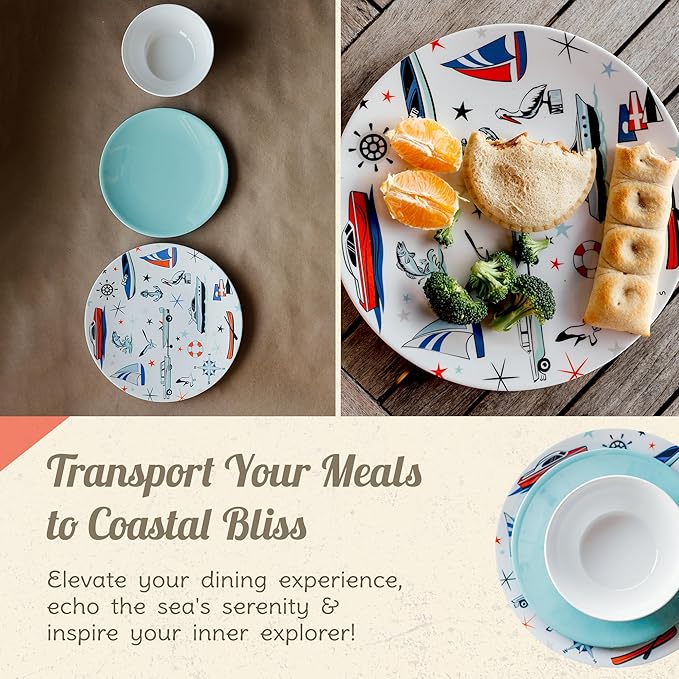 Melamine Dinnerware Sets - 6-pc Marine Dish Set - 2 Bowls, 2 Salad & 2 Dinner Melamine Plates for Indoor & Outdoor - BPA Free, Dishwasher Safe, Shatter-Res Dinnerware Set - Camping Dishes, Camp Casual