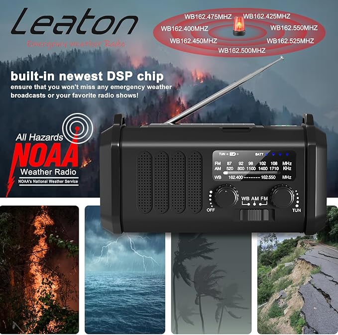 Leaton Emergency Hand Crank NOAA Weather Radio with Solar Charging 20000mAh Battery Built-in Flashlight, Reading Light & SOS Alarm for Indoor/Outdoor Emergencies