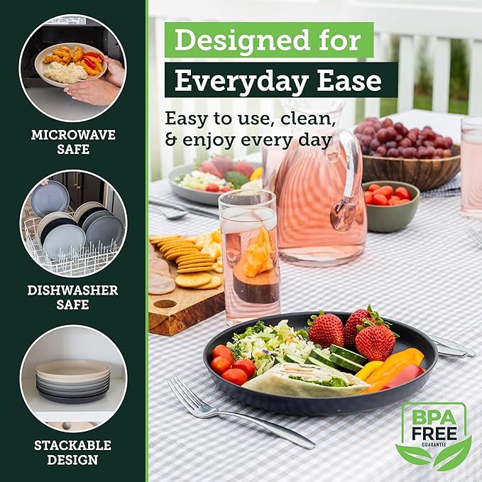 Grow Forward Premium Wheat Straw Plates - 10 Inch Reusable Hard Plastic Dinner Plates Set of 8 - Unbreakable Microwave Safe Plates for Dessert, Camping, RV, Outdoors, Patio, Kitchen Dishes - Moonlight