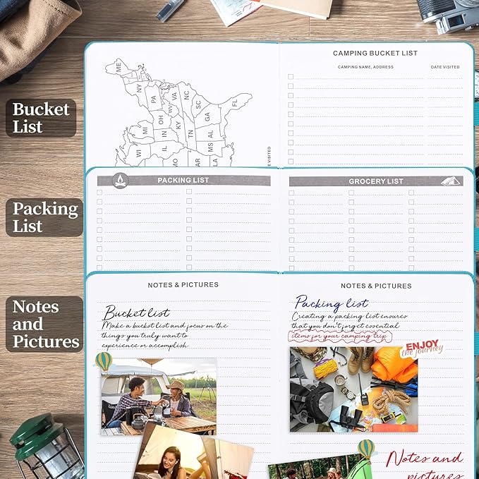 JUBTIC Camping Journal and RV Travel Log Book, A5 Adventure Journal for 25 Camping, Hiking Journal, Family Travel Books Camper Essentials Camping Gifts for Women-Turquoise