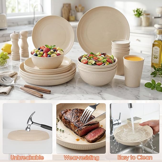 Unbreakable Dinnerware Sets for 4 People,16pcs Camping Plates and Bowls Set, Reusable Picnic Set plastic Plates, Cups, Bowls for Children, Adult, Party, Home