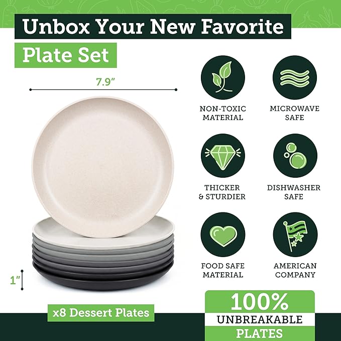 Grow Forward Premium Wheat Straw Plates - 8 Inch Reusable Hard Plastic Dinner Plates Set of 8 - Unbreakable Microwave Safe Plates for Dessert, Camping, RV, Outdoors, Patio, Kitchen Dishes - Moonlight