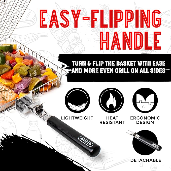 SHIZZO Grill Basket Set, Barbecue BBQ Grilling, Stainless Steel Folding Portable Outdoor Camping Rack for Fish, Shrimp, Vegetables, Cooking Accessories, Gifts for Dad, husband, Friends