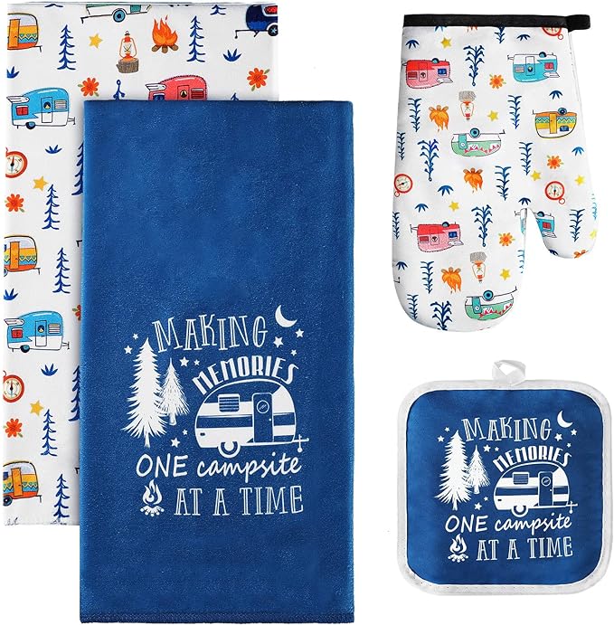 CHENGU 4 Pcs Camping Dish Towel Pot Holder Oven Mitt Gifts Camping Must Have Accessories Essential Making Memories One Campsite at a Time RV Kitchen Towel Absorbent Soft Hand Dishcloth