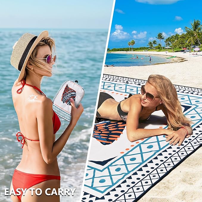 WIWIGO Beach Blanket Waterproof Sandproof Beach Mat 79" X 83"/10'x9'for 2-8 Adults Quick Drying Outdoor Picnic Mat Beach Accessories for Travel, Camping, Hiking