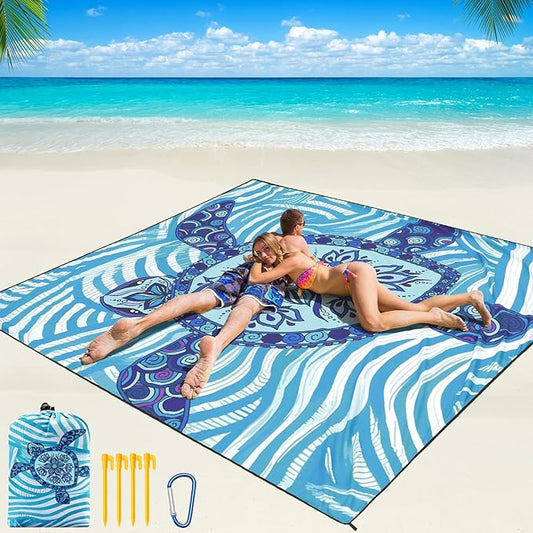 WIWIGO Beach Blanket Waterproof Sandproof Beach Mat 79" X 83"/10'x9'for 2-8 Adults Quick Drying Outdoor Picnic Mat Beach Accessories for Travel, Camping, Hiking