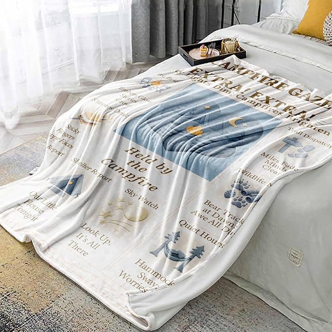 Camping Blanket Gifts 60×50 in Lightweight Packable Warm Throw, Campfire Theme Tent & Pines Design, Cozy Outdoor Travel RV/Trailer Cabin Decor, Gifts for Campers