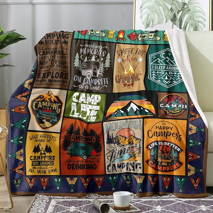 Camping Blanket Camping Lovers Gift Ideas for Men or Woman, Super Soft Throws Flannel Fleece Blankets Gifts for Camper Outdoor, Campsite Outdoors RV Travel Hiking Bed Sofa Couch 60"x50"