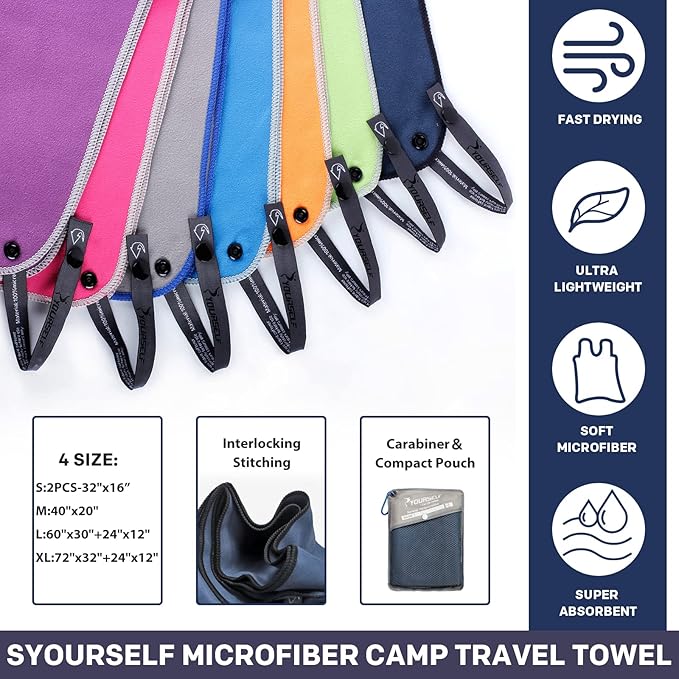SYOURSELF 2 Pack Microfiber Camping Towel, Quick Dry Towel, Soft Absorbent Compact Travel Gym Workout Sweat Towel for Beach Yoga Swim Travel Camping Hiking Backpack Essentials (XL:72"x32"+12"x24")