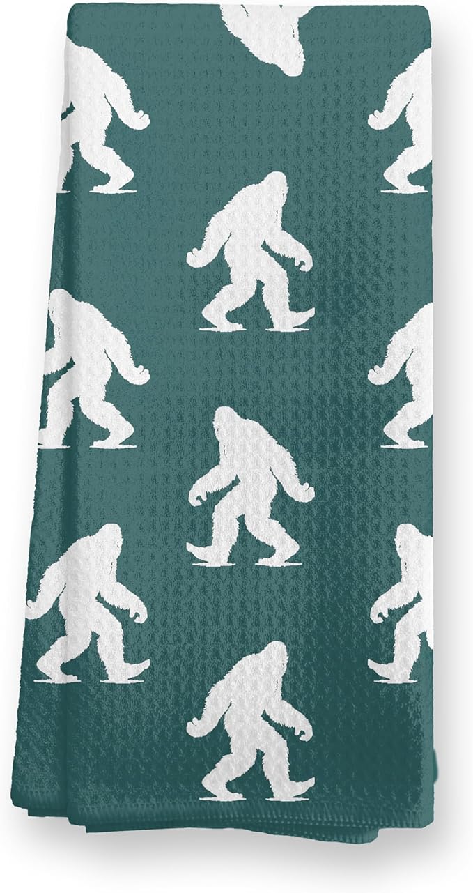 Abstract Retro Sasquatch Kitchen Towels, Sasquatch Gifts Dish Tea Towels for Kitchen Decor, Gifts for Hiking Camping Lovers Hand Towel for Bathroom Decor, 16x24 Inch, (Teal and White)