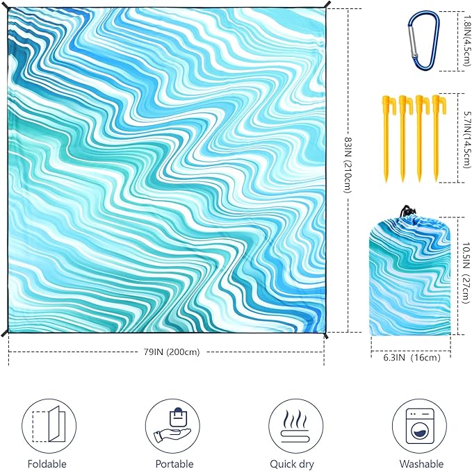 WIWIGO Beach Blanket Waterproof Sandproof Beach Mat 79" X 83"/10'x9'for 2-8 Adults Quick Drying Outdoor Picnic Mat Beach Accessories for Travel, Camping, Hiking