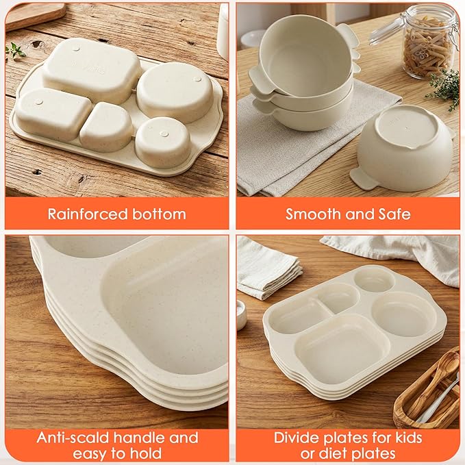 24 PCS Wheat Straw Dinnerware Set for Kids Divided Plates Bowls Cup Cutlery Sets, Reusable Tableware Set Microwave Dishwasher Safe for School Party, Camping, Home