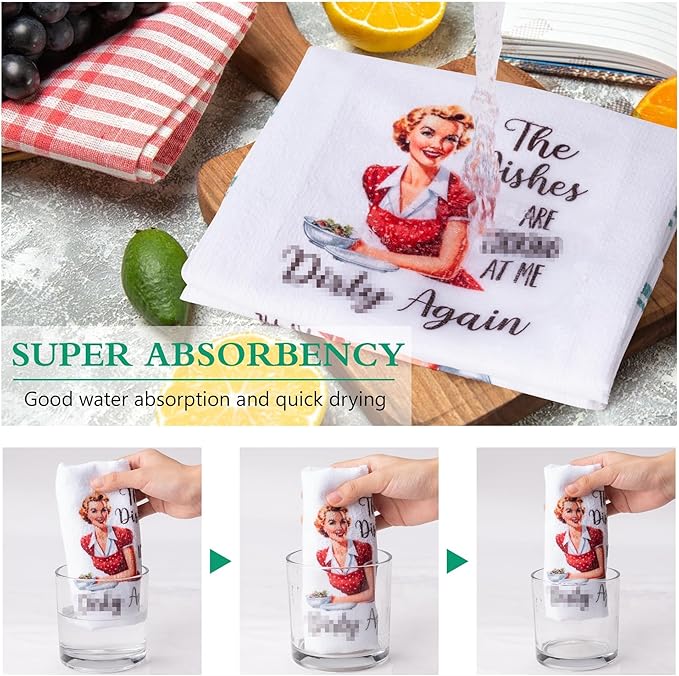 R HORSE 5Pcs Funny Kitchen Dish Towels, Funny Joked Themed Kitchen Dishcloth Absorbent Retro Sassy Lady Cleaning Dishcloth Bar Hilarious Hand Towel Gifts for Hostess Mom Women Housewarming