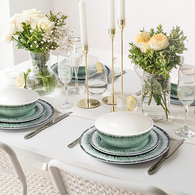 AELS Melamine Dinnerware Set of 12 Pcs Dinner Dishes Set for Indoor and Outdoor Use, Dishwasher Safe, Lightweight Unbreakable, BPA Free, Sage Green