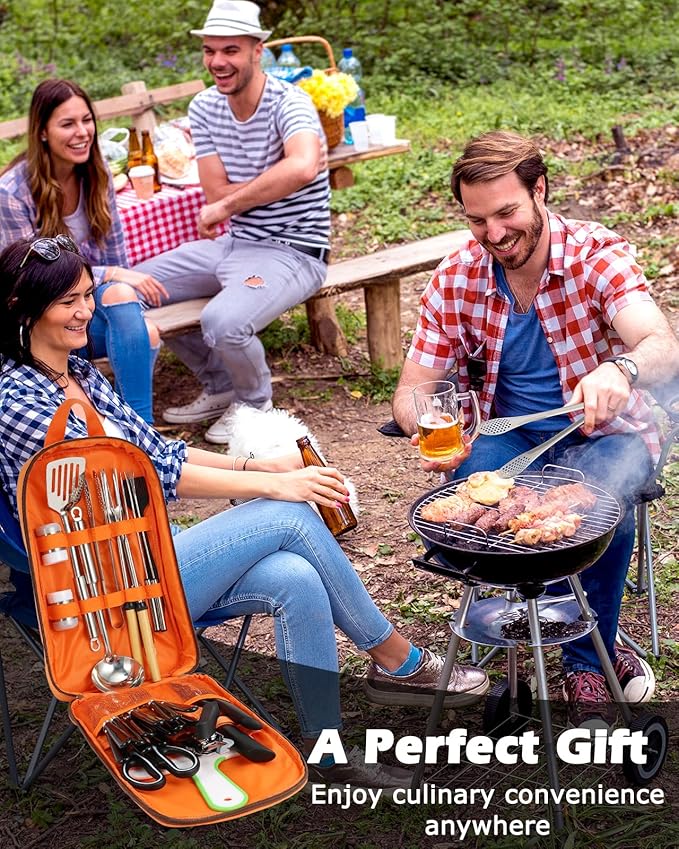 Hozzen Camping Cooking Set - Camping Utensil Set Car Camping Cooking Essentials Gear for Camp Kitchen Cooking and Grilling, Stainless Steel & Silicone Ideal Gift for RV Tent Camper, Picnics, BBQs