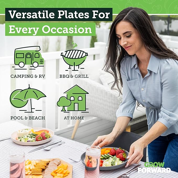 Grow Forward Premium Wheat Straw Plates - 10 Inch Reusable Hard Plastic Dinner Plates Set of 8 - Unbreakable Microwave Safe Plates for Dessert, Camping, RV, Outdoors, Patio, Kitchen Dishes - Moonlight