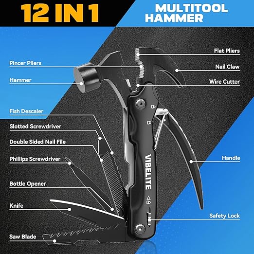 Gifts for Men, 12 in 1 Multitool Hammer for Camping, Hunting, Hiking, Birthday Gifts for Men, Dad, Him, Husband, Boyfriend, Women, Mens Gift from Daughter, Wife, Son, Black