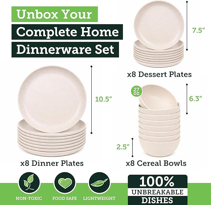 Grow Forward 24-piece Premium Wheat Straw Dinnerware Sets for 8 - Unbreakable Dishwasher & Microwave Safe Plastic Plates and Bowls Sets - Patio, Outdoors, RV, Camping Dishes - Sahara