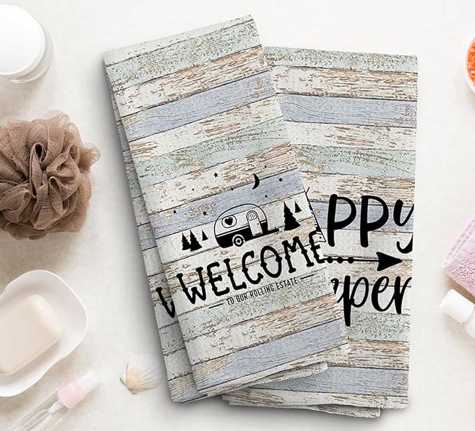 Happy Camper Hand Towels, Camper Gifts, RV Accessories for Inside Fun, Camping Gifts for Women Men, Welcome to Our Rolling Estate Kitchen Towels Dish Towels, Set of 2,16x24