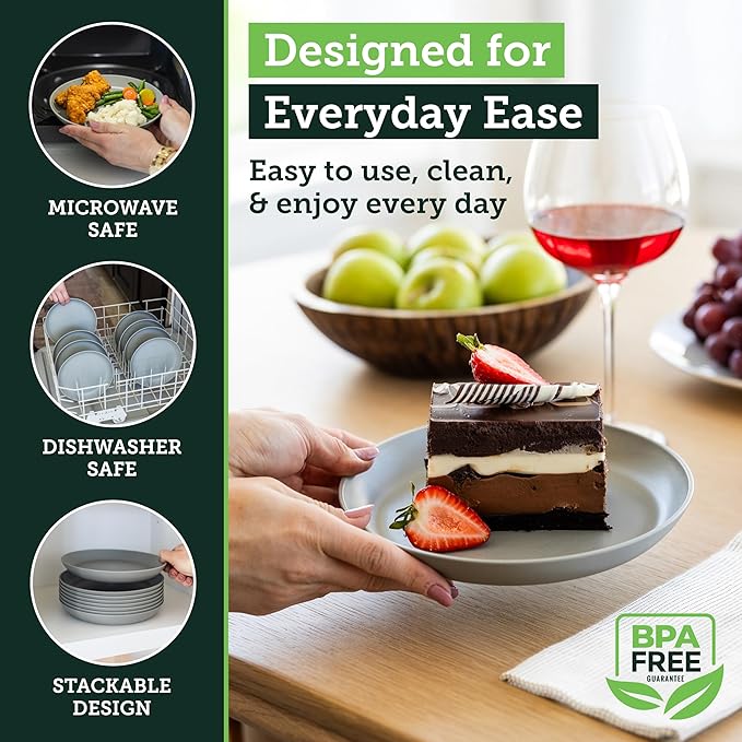 Grow Forward Premium Wheat Straw Plates - 8 Inch Reusable Hard Plastic Dinner Plates Set of 8 - Unbreakable Microwave Safe Plates for Dessert, Camping, RV, Outdoors, Patio, Kitchen Dishes - Feather