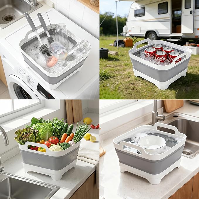 Volnamal Collapsible Wash Basin for Baby Bottles - Portable 2.4 Gallon Dish Tub with Drying Rack & Lid, Foldable Sink for Camping, Outdoor Space-Saving Tub for Kitchen, RV, Camping, Outdoor Use
