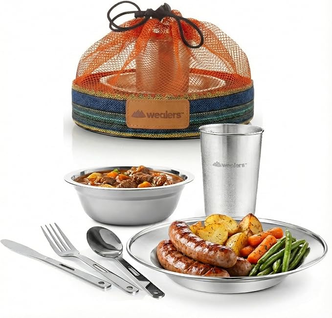 Unique Complete Messware Kit Polished Stainless Steel Dishes Set| Tableware| Dinnerware| Camping| Includes - Cups | Plates| Bowls| Cutlery| Comes in Mesh Bags