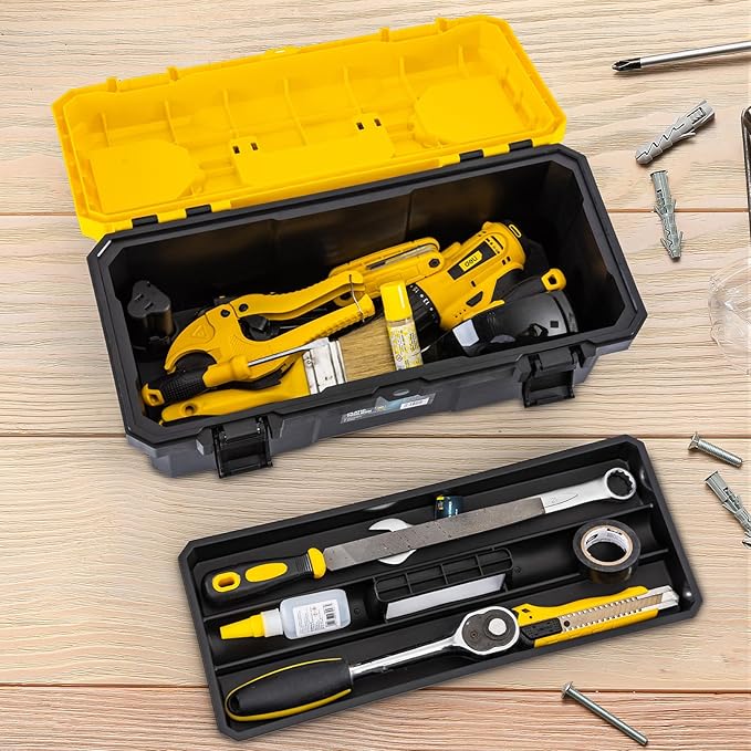 18 Inch Tool Box with Lock, 2-Layer Heavy-Duty Organizer with Removable Tray, Liftable Lid for Small Parts, 29lb Capacity & Carry Handle for Tools, Camping, Medical Supply Storage
