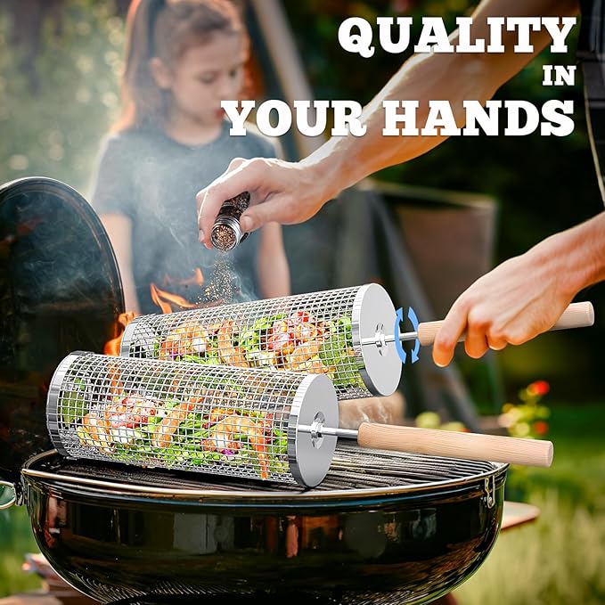 ivtivfu Rolling Grill Basket, Removable Wooden Handle, 304 Stainless Steel, Nesting BBQ Tools, Smoker Grilling Accessories for Vegetable, Outdoor Cooking Camping, Birthday Gifts for Men Dad Husband