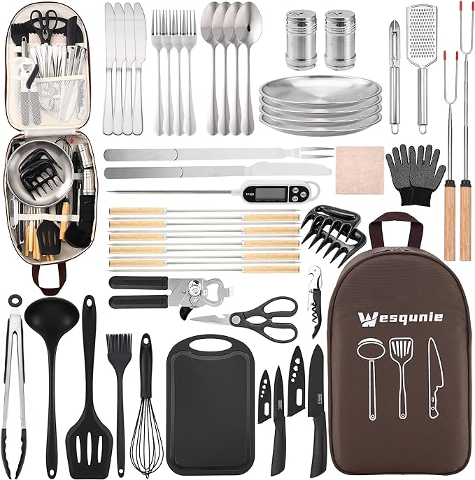Camping Essentials Cookware Cooking Utensils Set - Portable Camp Kitchen Mess Kit Outdoor Accessories, Stainless Steel & Silicone, Camping Gear Equipment for RV Picnic Grill,Brown Pro