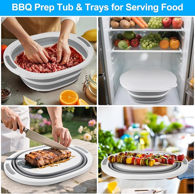 Collapsible Wash Basin, 7.5L Dish Tub Sink Basin Folding Dish Pans for Kitchen Sink, 2-in-1 Dishpan + Cutting Board, Portable Sink Dish Basin for Camping BBQ Prep Tub Washing Bin Bucket with Lid