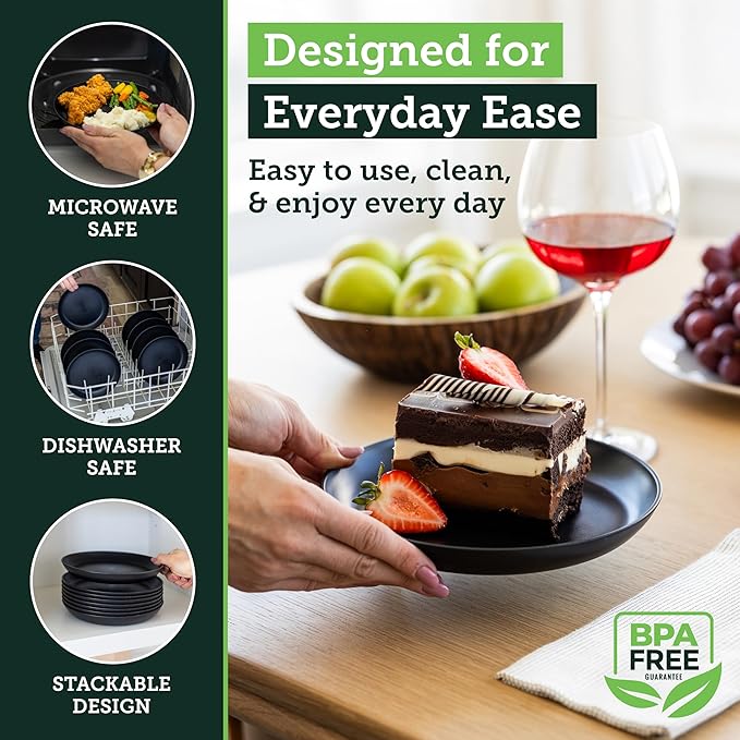 Grow Forward Premium Wheat Straw Plates - 8 Inch Reusable Hard Plastic Dinner Plates Set of 8 - Unbreakable Microwave Safe Plates for Dessert, Camping, RV, Outdoors, Patio, Kitchen Dishes - Midnight