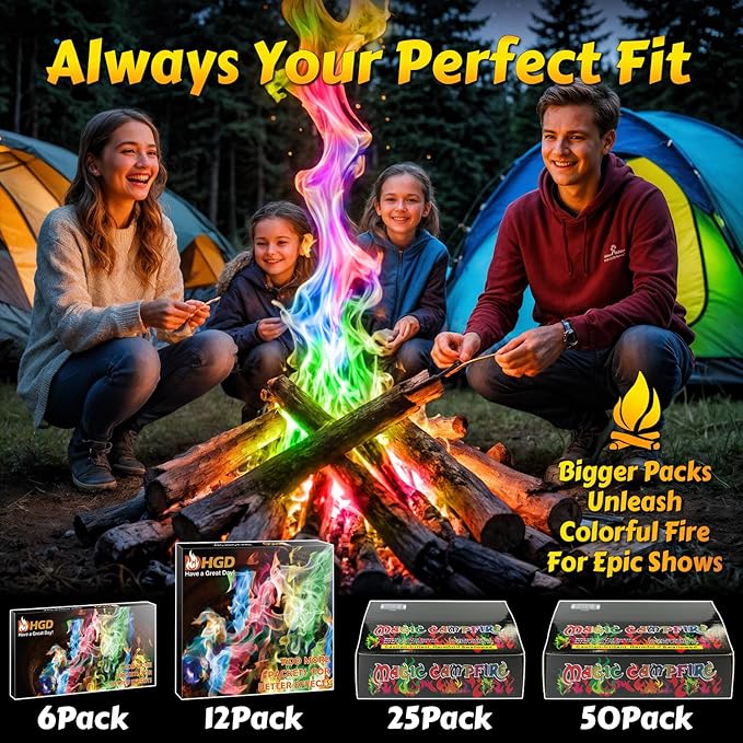HGD (25 Pack) Magic Campfire Fire Color Changing Packets for Fire Pit, Indoor/Outdoor Fireplace, Bonfire - Rainbow Magical Flame, Camping Accessory, Compatible with Wood