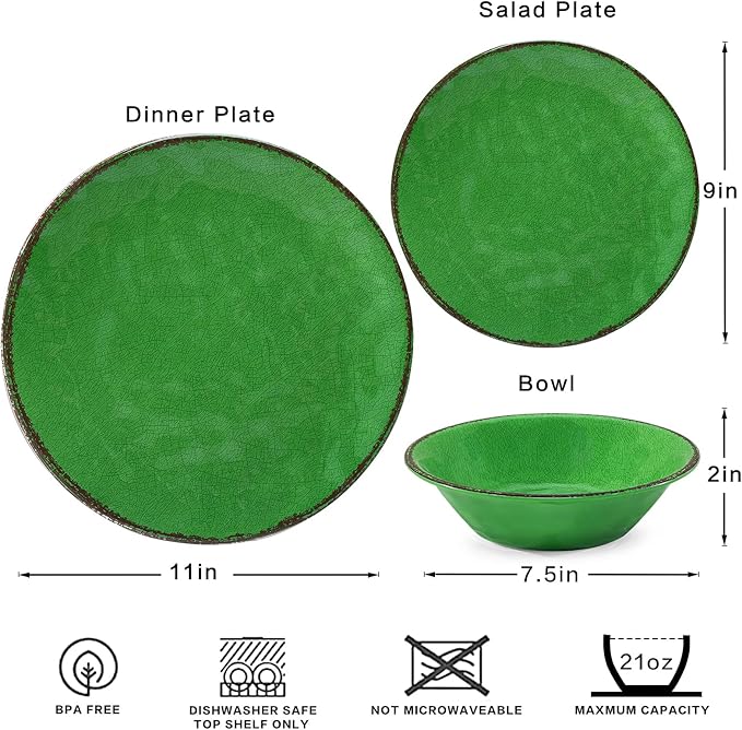 LEHAHA Vintage Crackle Melamine Dinnerware Sets, 12 Piece Plates and Bowls Sets, Great for Camping, RV. Durable and Chip Resistant Farmhouse Dishes Set, Service for 4(Green)