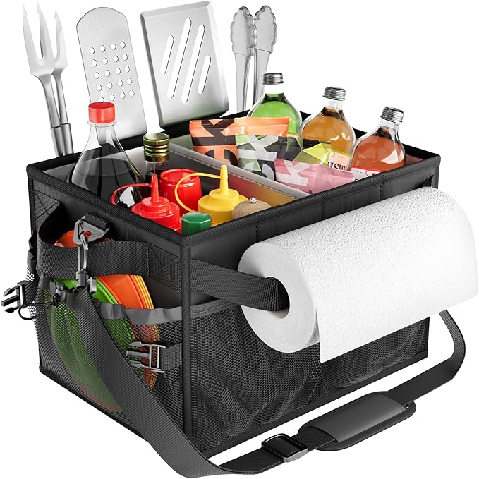 FANGSUN Large Grill and Picnic Caddy with Paper Towel Holder, BBQ Organizer for Utensils, Plates, Condiments, Collapsible & Easy-Carry Griddle Caddy, Must-Haves for Outdoor, Camper, Travel, Car, RV