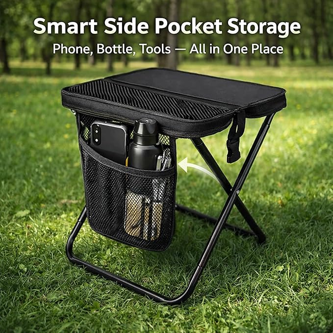 Foldable Stool with Carrying Bag,Compact Folding Chair with Shoulder Strap, Lightweight Outdoor Seat for Fishing, Camping, Hiking, Garden, Beach, Sports Games, Festivals (Black)