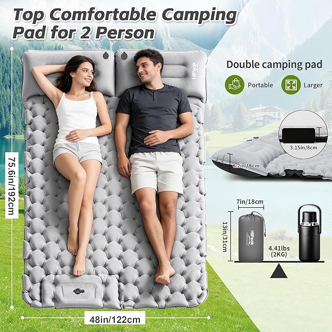HiiPeak Double Sleeping Pad for Camping - Suede Top Camping Mattress with Pillow, Built-in Foot Pump, Compact Inflatable 2-Person Portable Mat for Backpacking, Hiking, Car Traveling, Beach, Tent