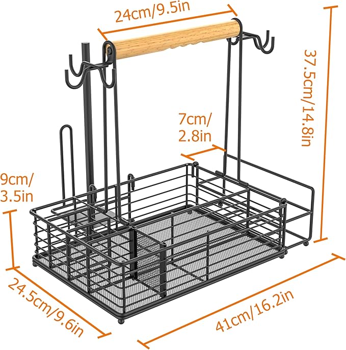 Toncoke Large Grill Caddy with Paper Towel Holder & Side Hooks, All-in-One BBQ Tool Organizer with Adjustable Dividers, Rustproof for Outdoor Kitchen, Camping, RV - Black