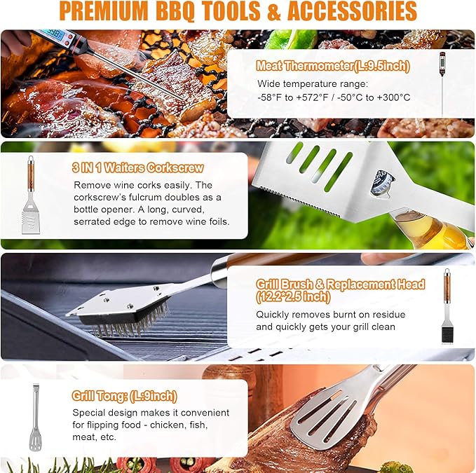 Cifaisi BBQ Grill Accessories Set, 38Pcs Stainless Steel Grill Tools Grilling Accessories with Aluminum Case, Thermometer, Grill Mats for Camping/Backyard Barbecue, Grill Set for Men Women